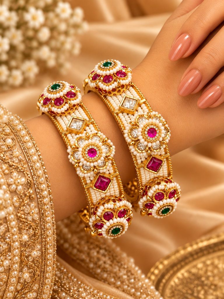 Pearl Blossom Kundan Kada (Pair)
