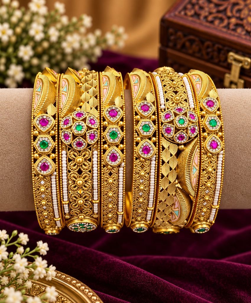 Ruby Emerald Lace Bangle Set (6 Pcs)