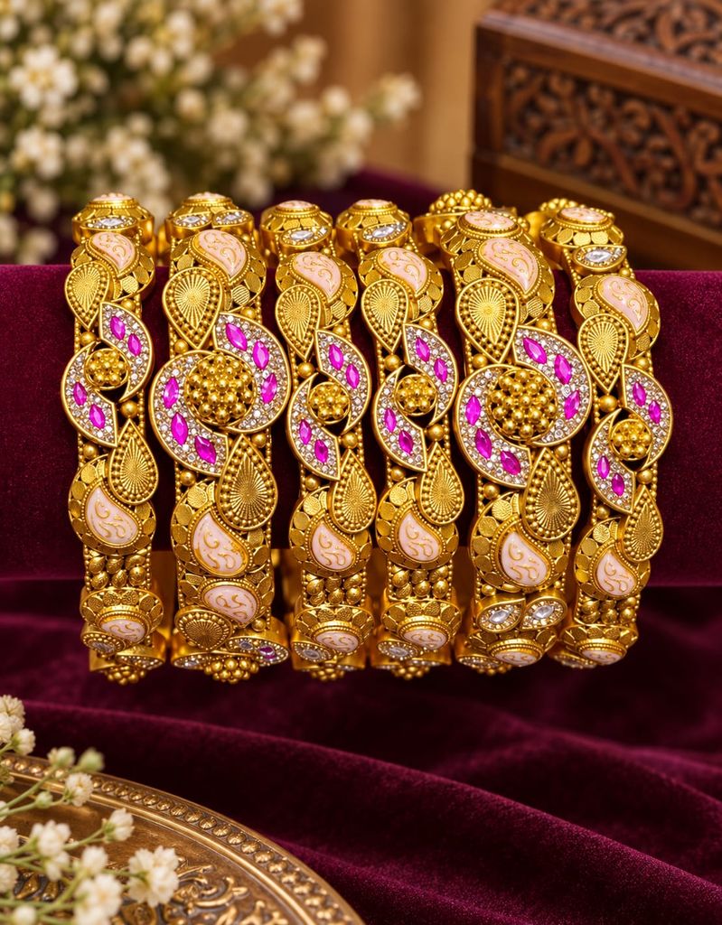 Peach Paisley Ruby Bangle Set (6 Pcs)