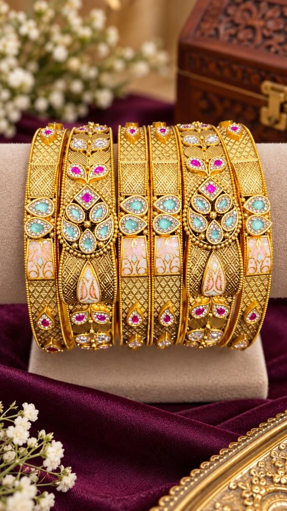Turquoise Leaf Meenakari Bangle Set (6 Pcs)