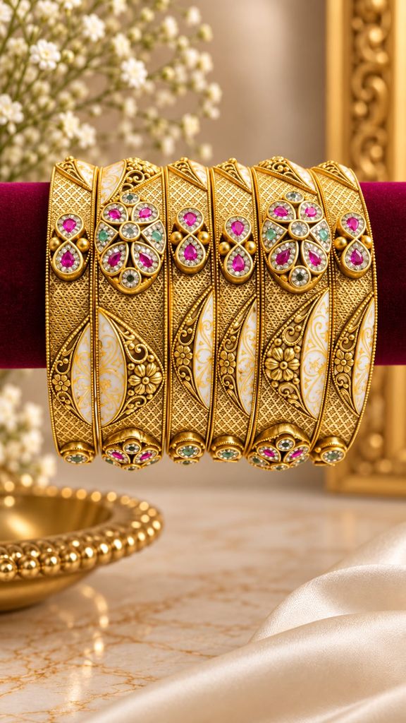 Crescent Kundan Bloom Bangle Set (6 Pcs)