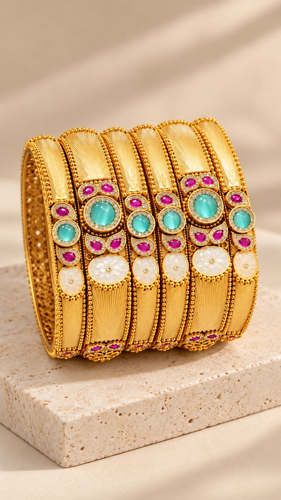 Turquoise Ruby Bloom Bangle Set (6 Pcs)