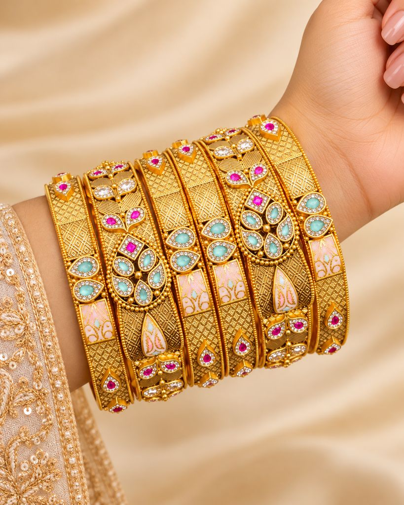 Turquoise Leaf Meenakari Bangle Set (6 Pcs) (2.4)